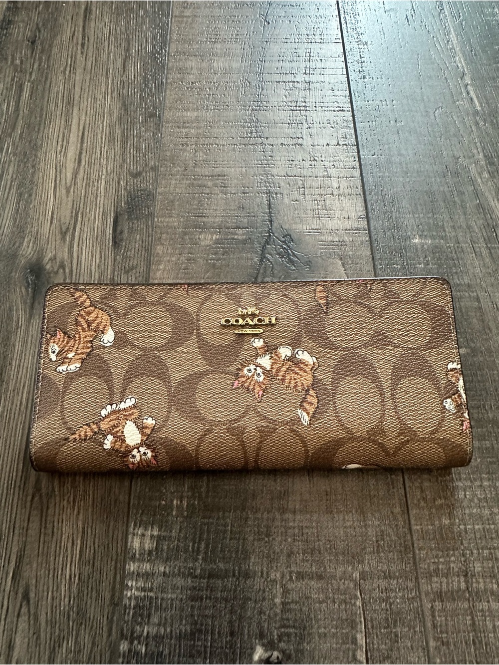 Coach Slim Wallet In Signature Canvas With Playful Dancing Kitten Print